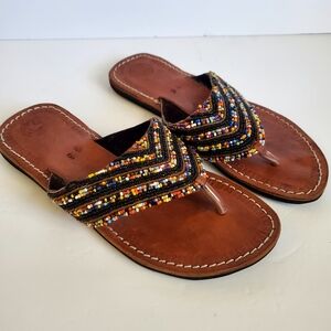 African Made Beaded Leather Toe-Post Sandals - Brown Multicolor Sz. 8